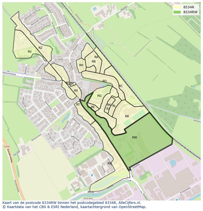 Afbeelding van het postcodegebied 8334 RW op de kaart.