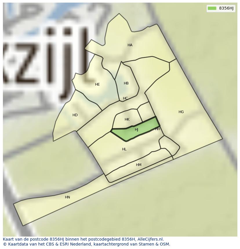 Afbeelding van het postcodegebied 8356 HJ op de kaart.