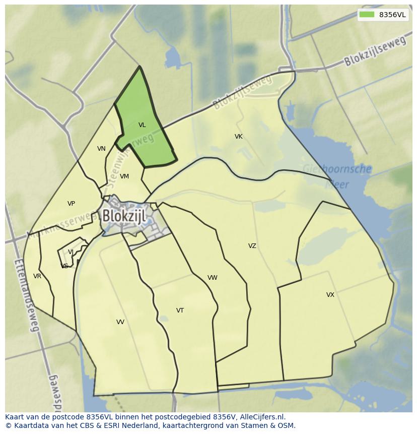 Afbeelding van het postcodegebied 8356 VL op de kaart.