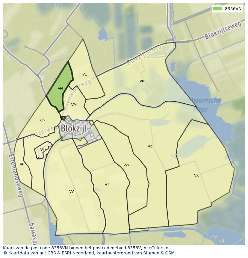 Afbeelding van het postcodegebied 8356 VN op de kaart.