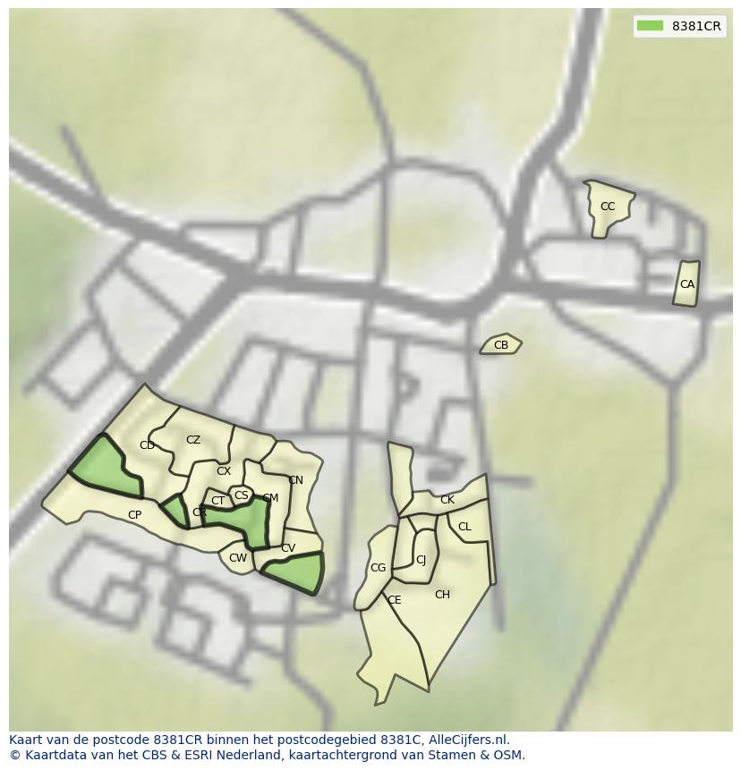 Afbeelding van het postcodegebied 8381 CR op de kaart.