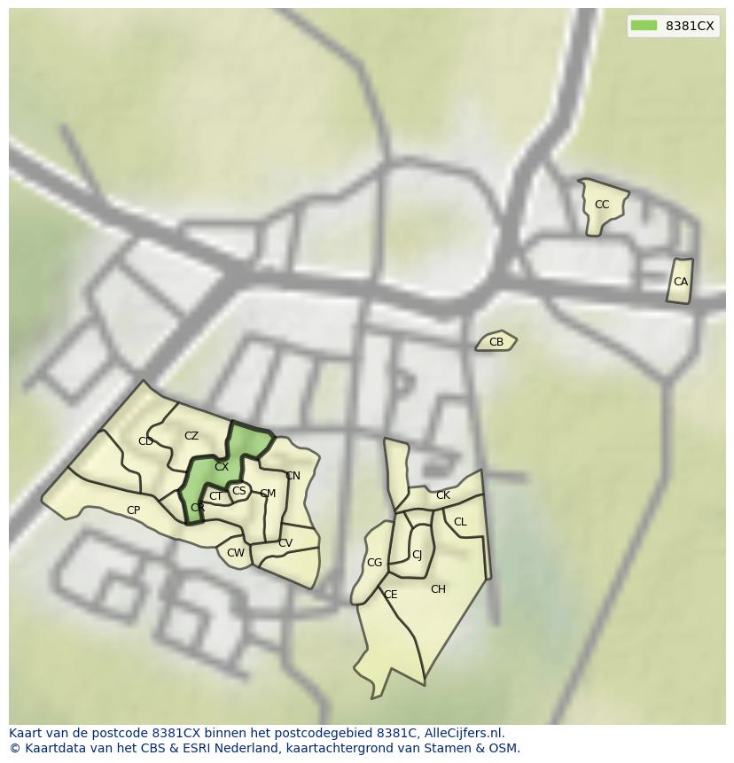 Afbeelding van het postcodegebied 8381 CX op de kaart.