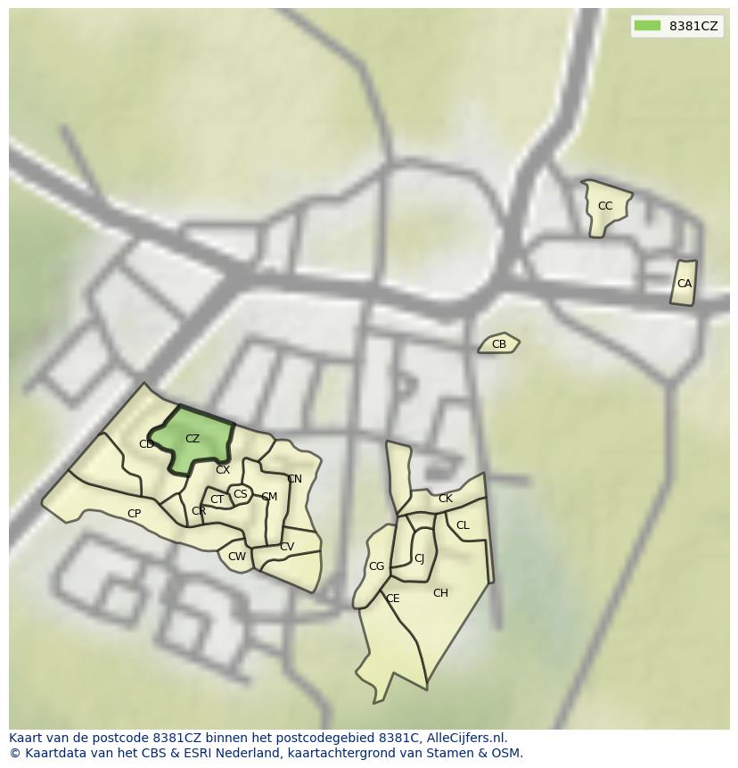 Afbeelding van het postcodegebied 8381 CZ op de kaart.