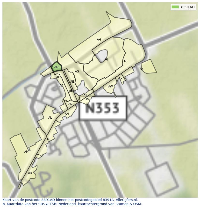 Afbeelding van het postcodegebied 8391 AD op de kaart.