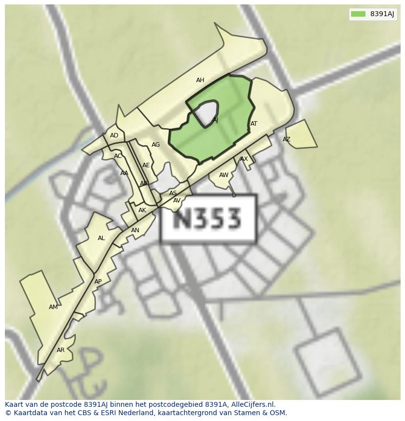 Afbeelding van het postcodegebied 8391 AJ op de kaart.