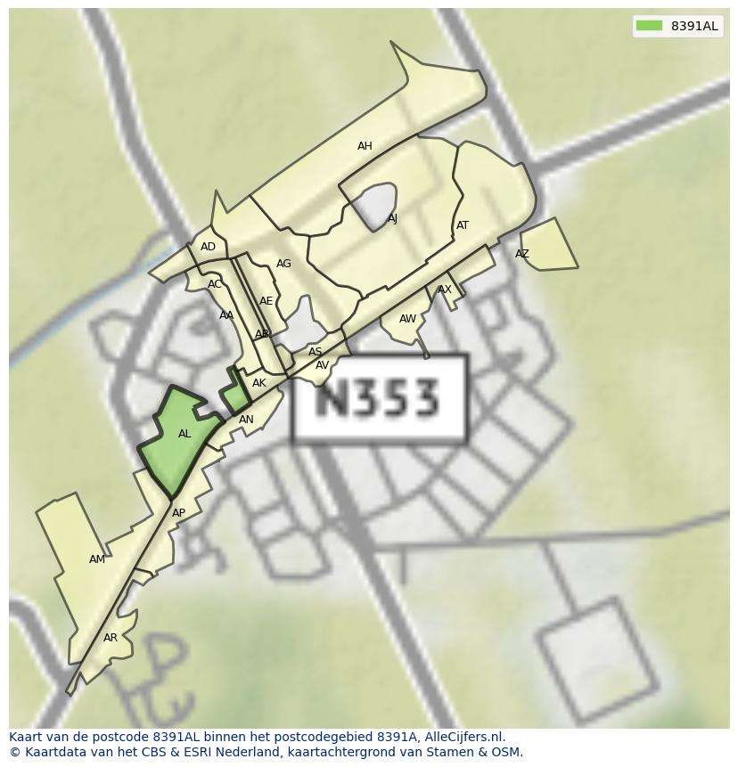 Afbeelding van het postcodegebied 8391 AL op de kaart.