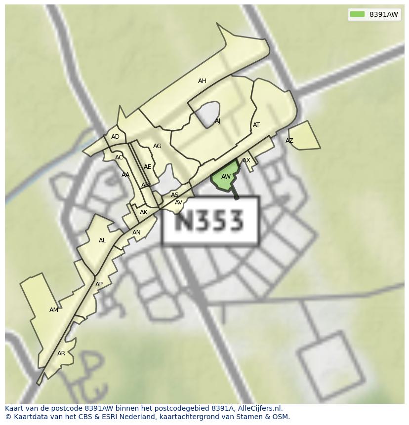 Afbeelding van het postcodegebied 8391 AW op de kaart.
