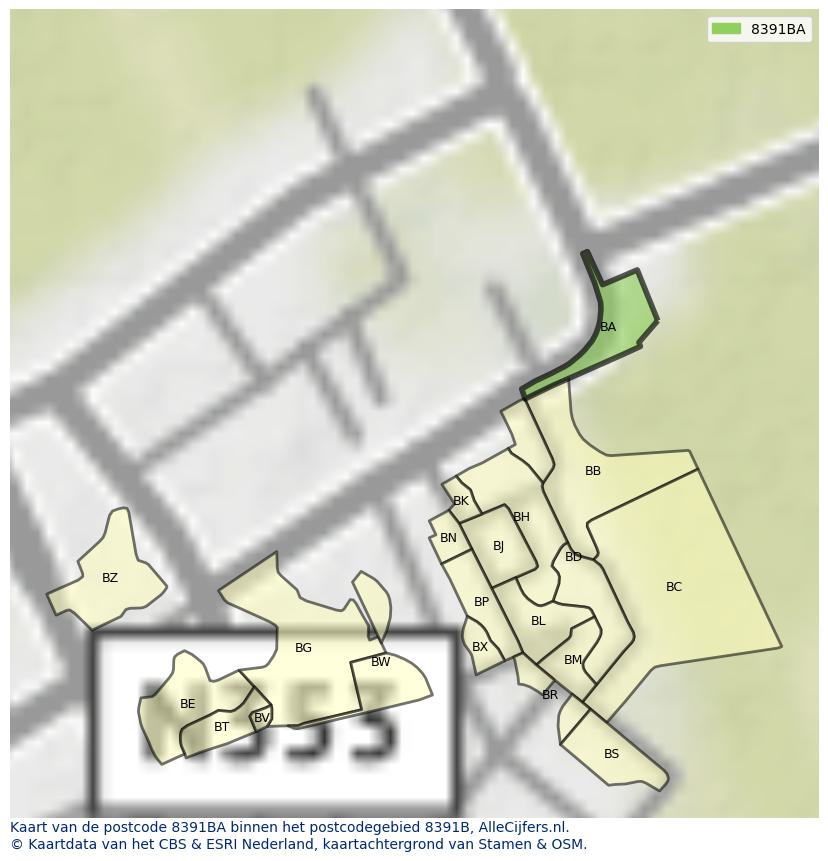 Afbeelding van het postcodegebied 8391 BA op de kaart.