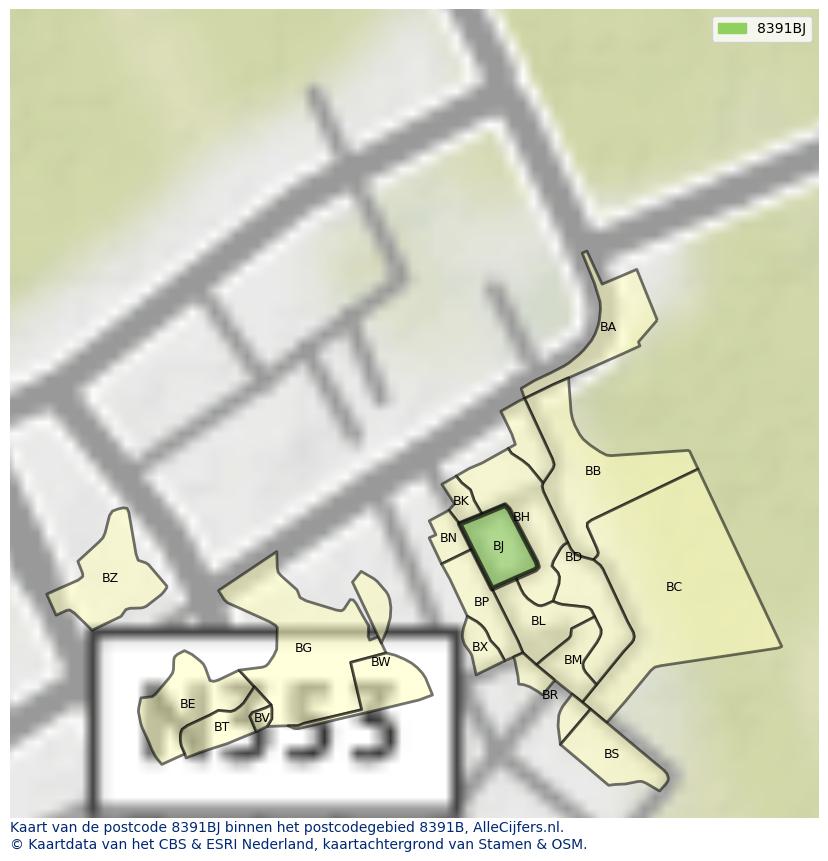 Afbeelding van het postcodegebied 8391 BJ op de kaart.