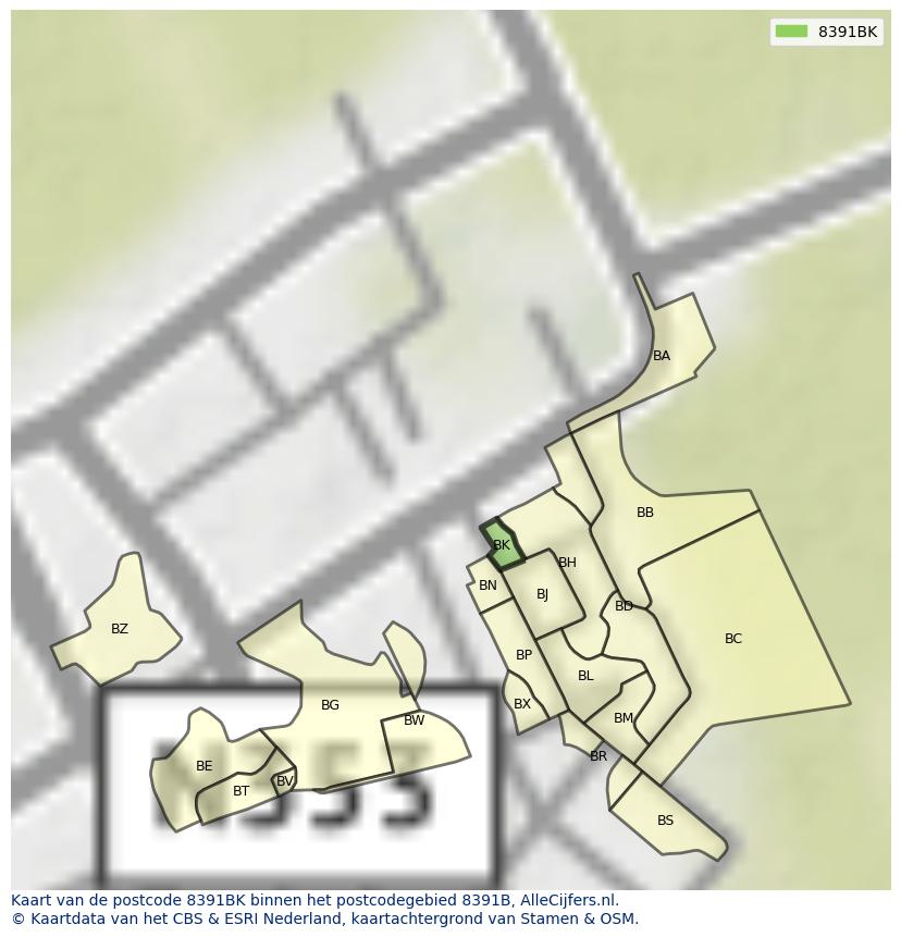 Afbeelding van het postcodegebied 8391 BK op de kaart.