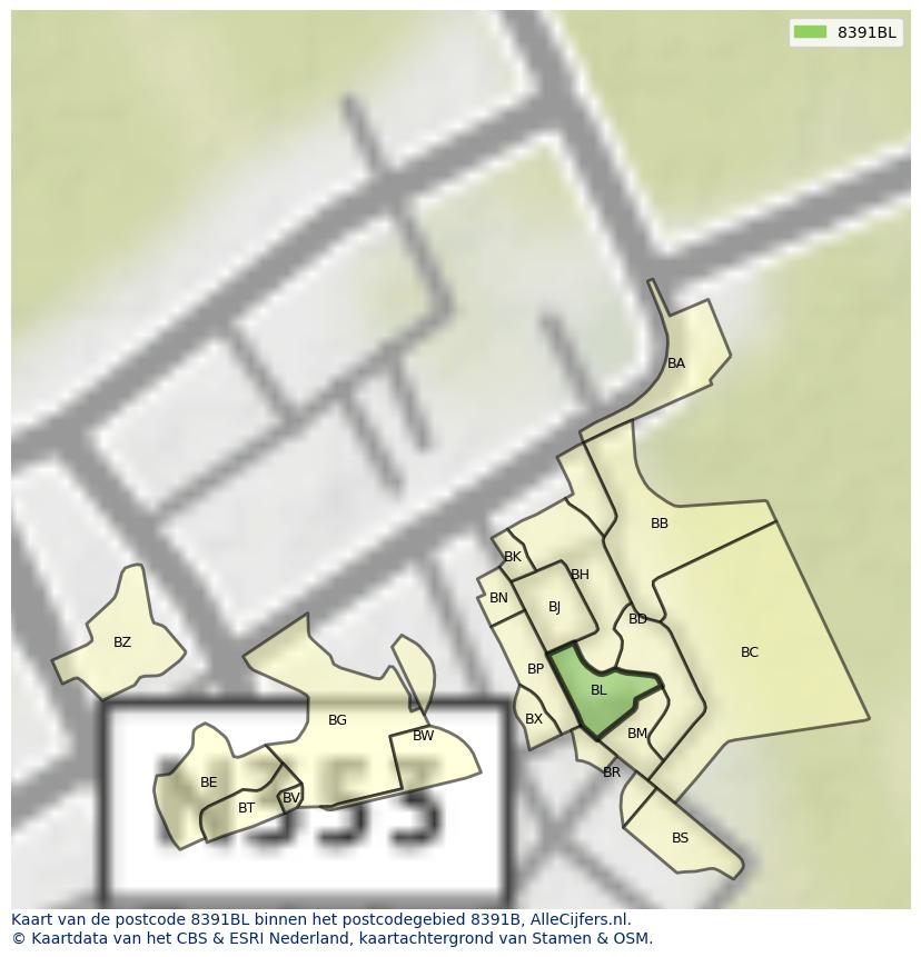 Afbeelding van het postcodegebied 8391 BL op de kaart.