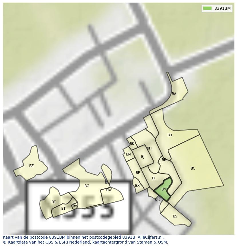 Afbeelding van het postcodegebied 8391 BM op de kaart.