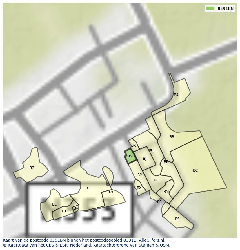Afbeelding van het postcodegebied 8391 BN op de kaart.