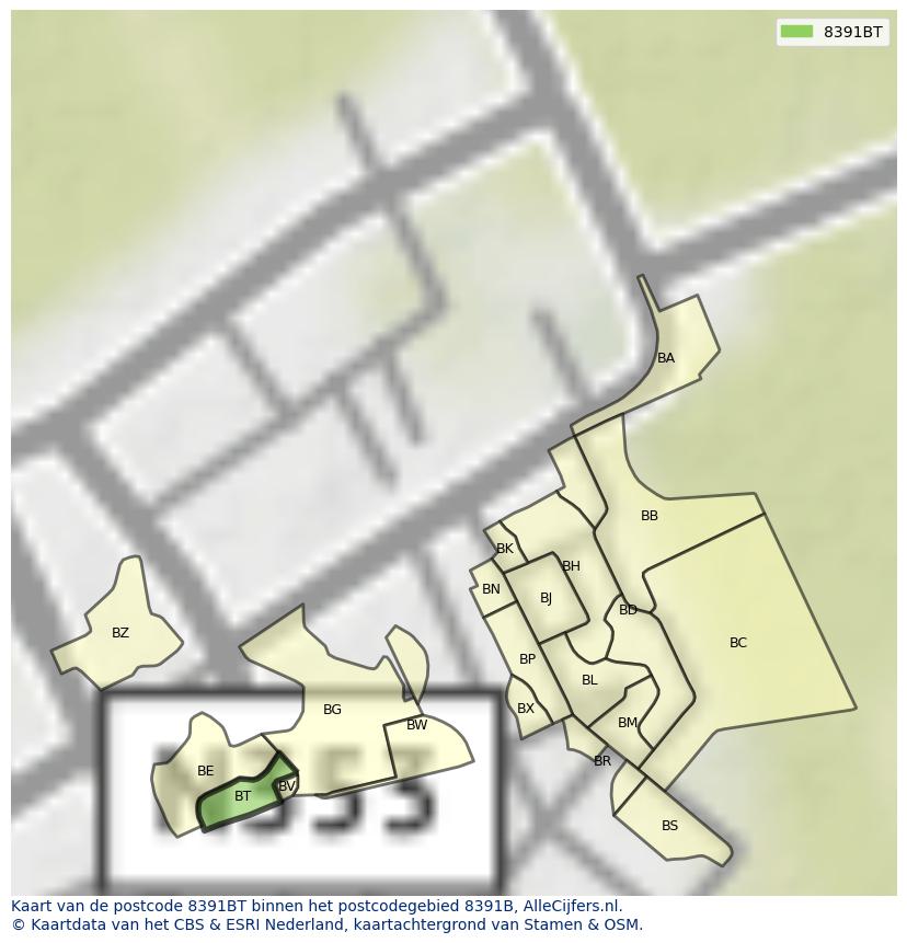 Afbeelding van het postcodegebied 8391 BT op de kaart.