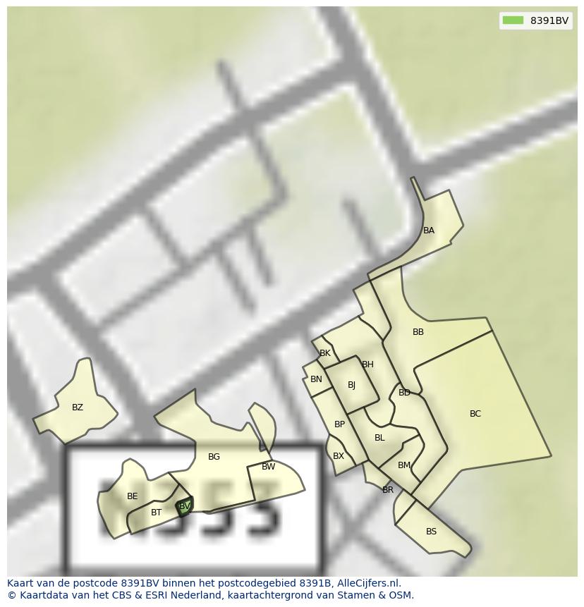 Afbeelding van het postcodegebied 8391 BV op de kaart.