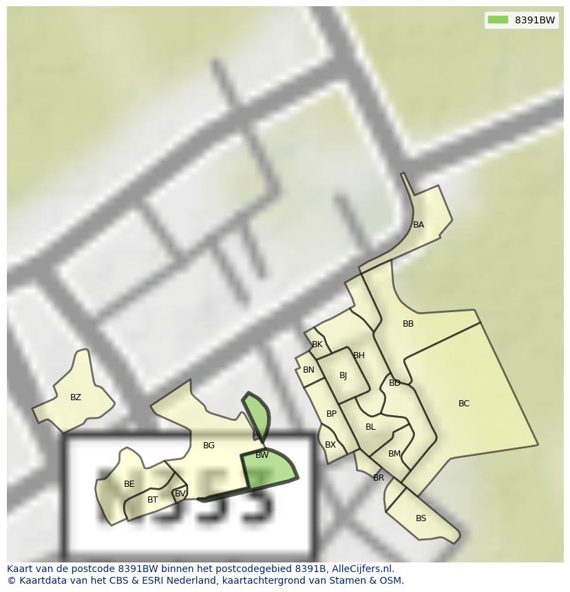 Afbeelding van het postcodegebied 8391 BW op de kaart.