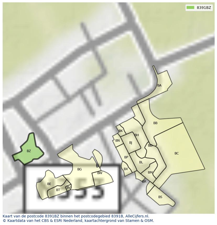 Afbeelding van het postcodegebied 8391 BZ op de kaart.