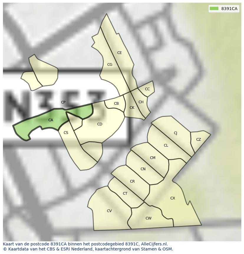Afbeelding van het postcodegebied 8391 CA op de kaart.