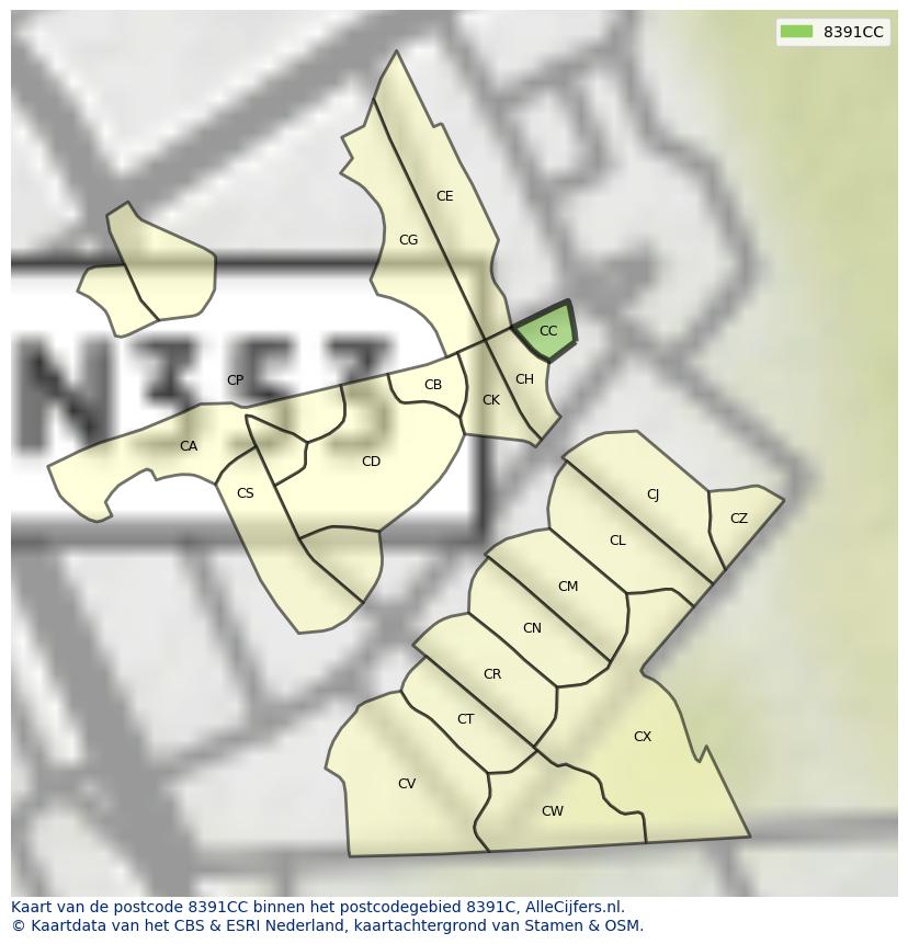 Afbeelding van het postcodegebied 8391 CC op de kaart.