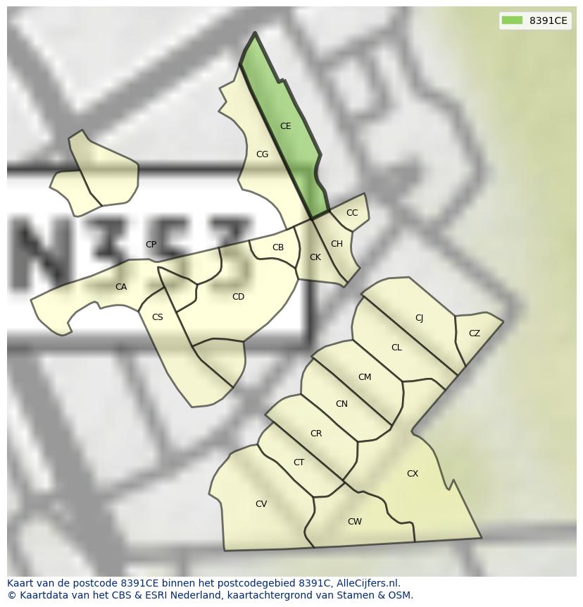 Afbeelding van het postcodegebied 8391 CE op de kaart.