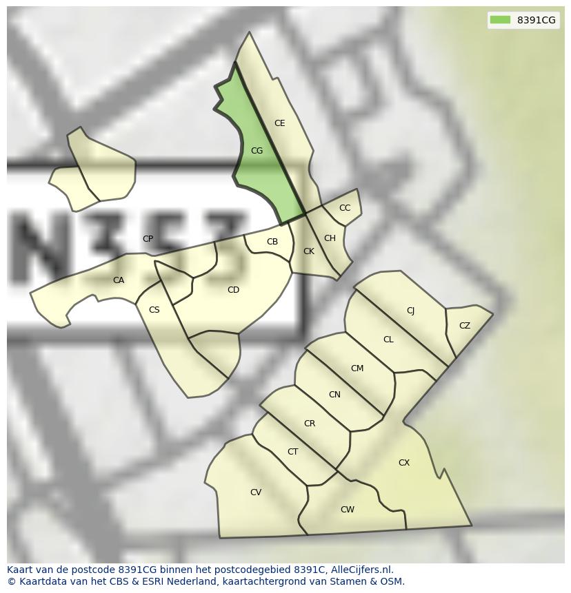 Afbeelding van het postcodegebied 8391 CG op de kaart.