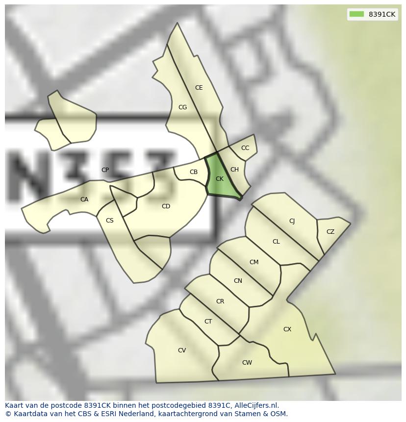Afbeelding van het postcodegebied 8391 CK op de kaart.