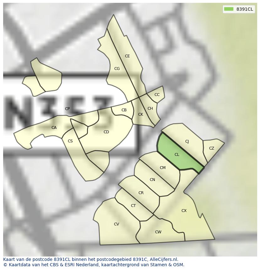 Afbeelding van het postcodegebied 8391 CL op de kaart.