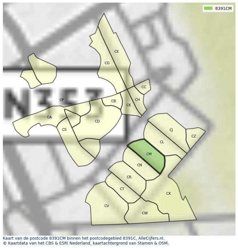 Afbeelding van het postcodegebied 8391 CM op de kaart.