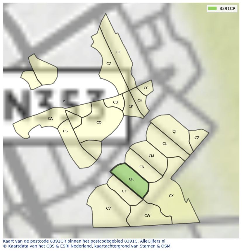 Afbeelding van het postcodegebied 8391 CR op de kaart.