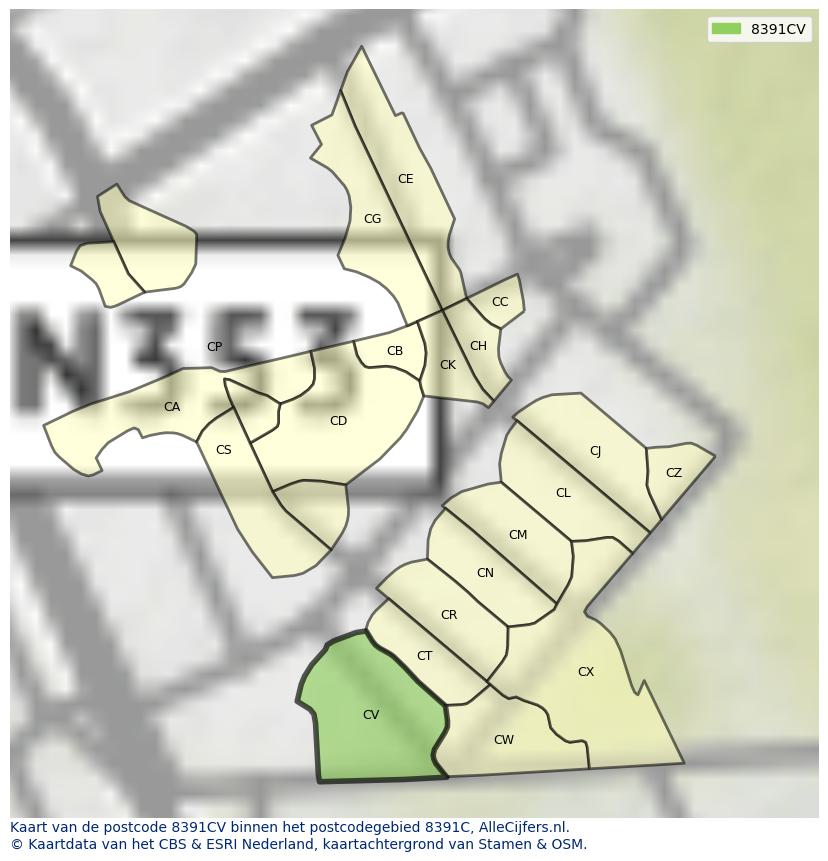 Afbeelding van het postcodegebied 8391 CV op de kaart.