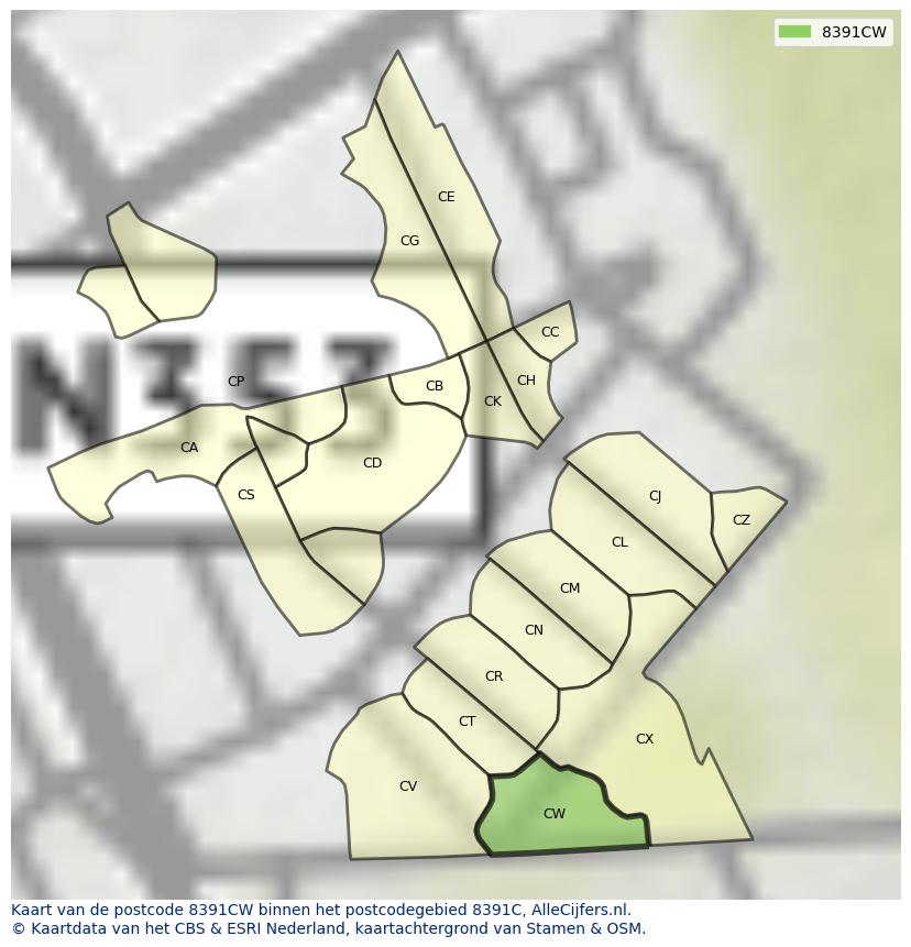 Afbeelding van het postcodegebied 8391 CW op de kaart.