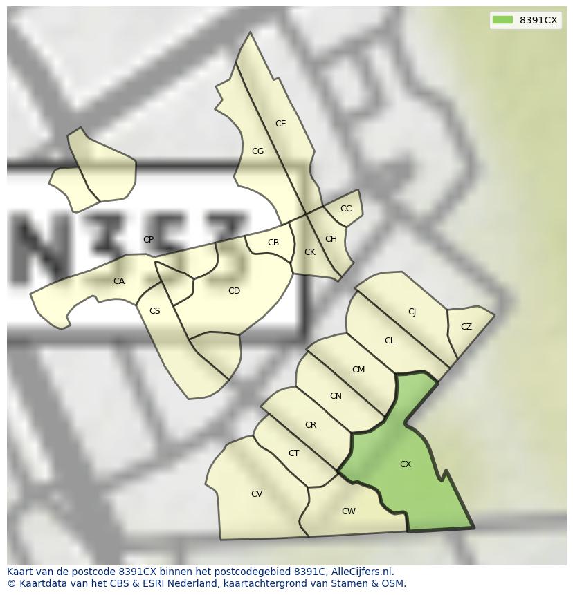 Afbeelding van het postcodegebied 8391 CX op de kaart.