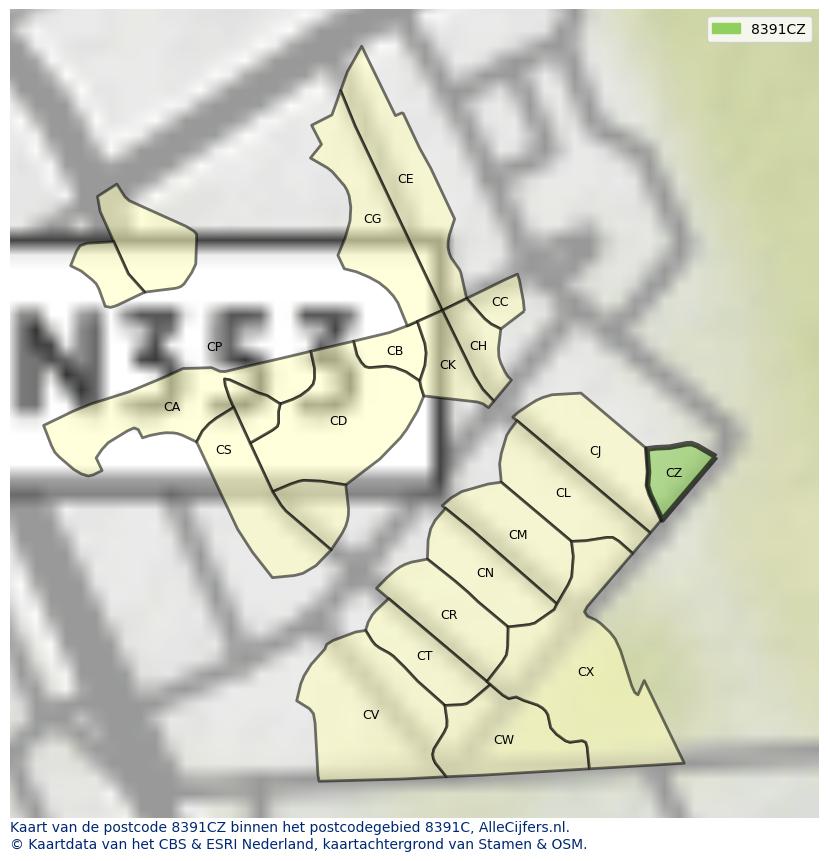 Afbeelding van het postcodegebied 8391 CZ op de kaart.