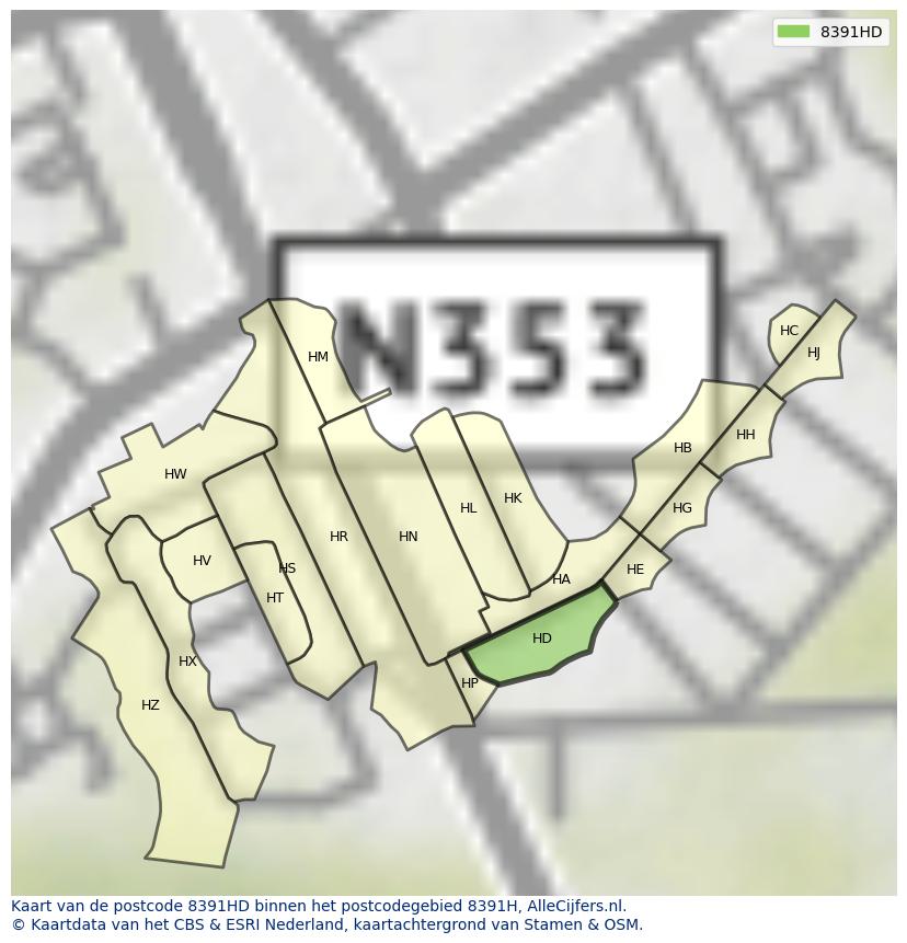 Afbeelding van het postcodegebied 8391 HD op de kaart.
