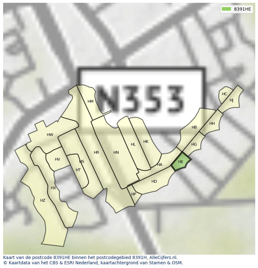 Afbeelding van het postcodegebied 8391 HE op de kaart.