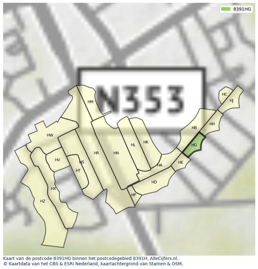 Afbeelding van het postcodegebied 8391 HG op de kaart.
