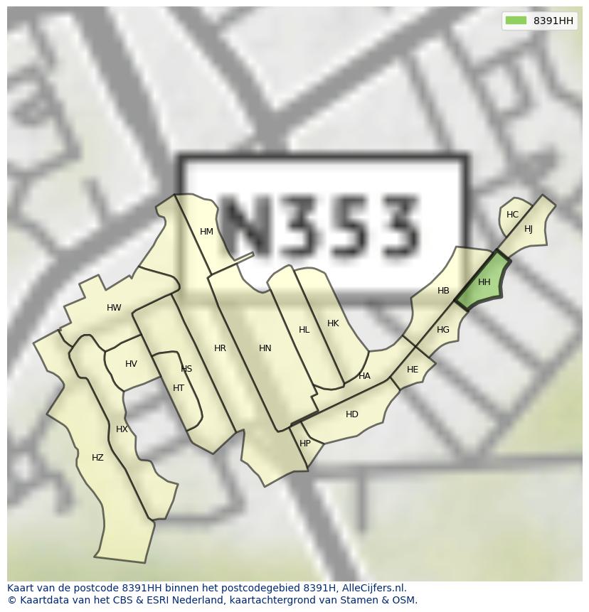 Afbeelding van het postcodegebied 8391 HH op de kaart.