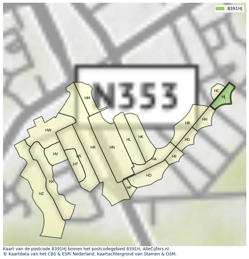 Afbeelding van het postcodegebied 8391 HJ op de kaart.