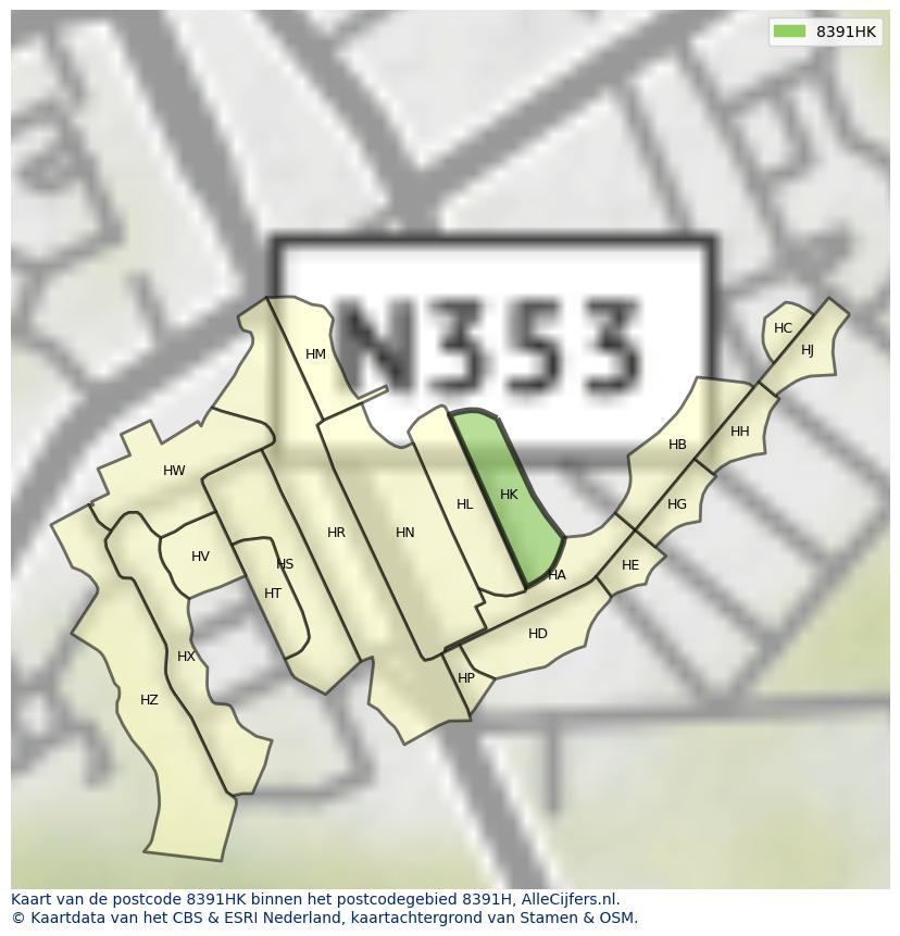 Afbeelding van het postcodegebied 8391 HK op de kaart.