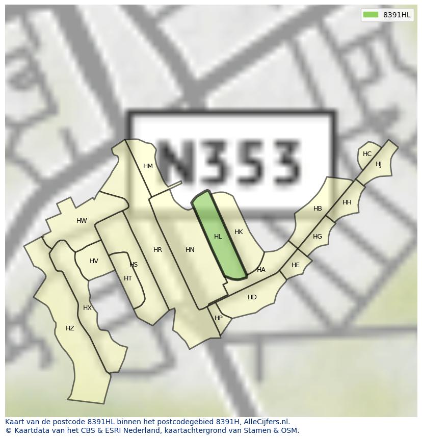 Afbeelding van het postcodegebied 8391 HL op de kaart.