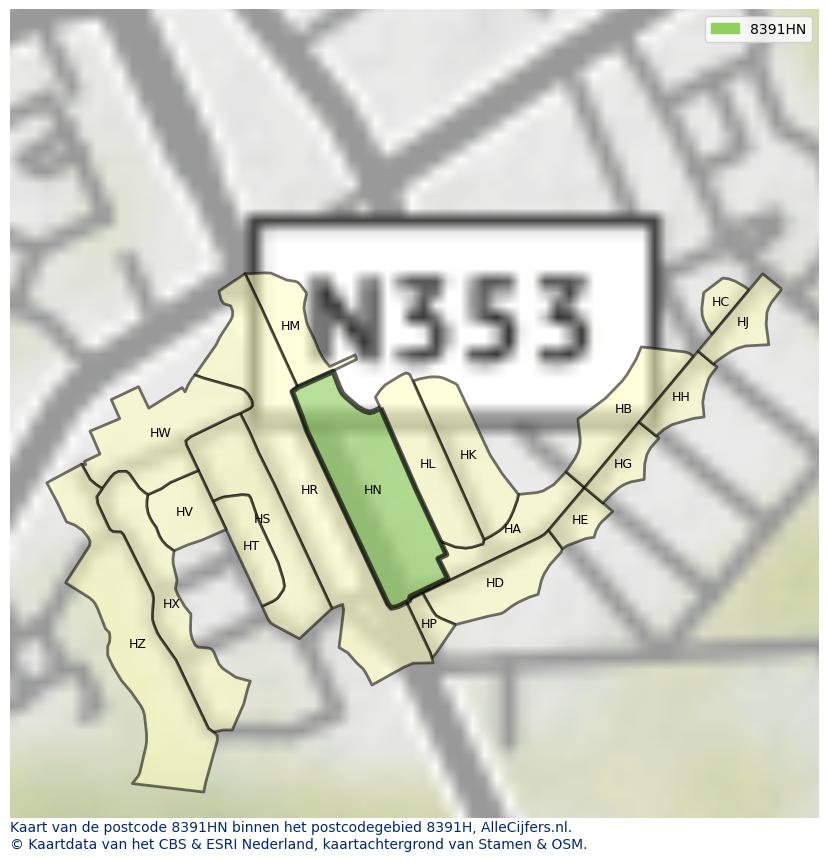 Afbeelding van het postcodegebied 8391 HN op de kaart.