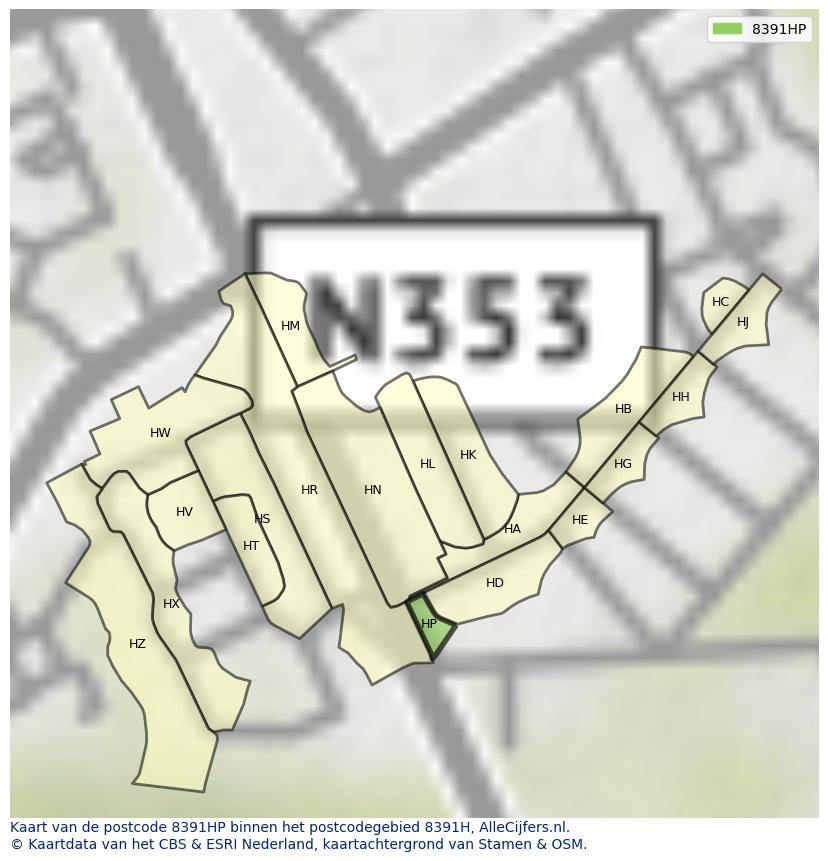 Afbeelding van het postcodegebied 8391 HP op de kaart.