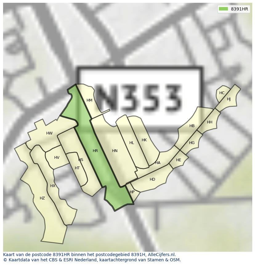 Afbeelding van het postcodegebied 8391 HR op de kaart.