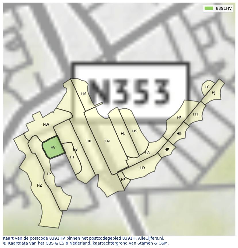 Afbeelding van het postcodegebied 8391 HV op de kaart.