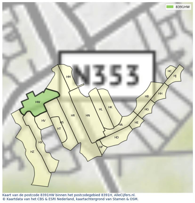 Afbeelding van het postcodegebied 8391 HW op de kaart.