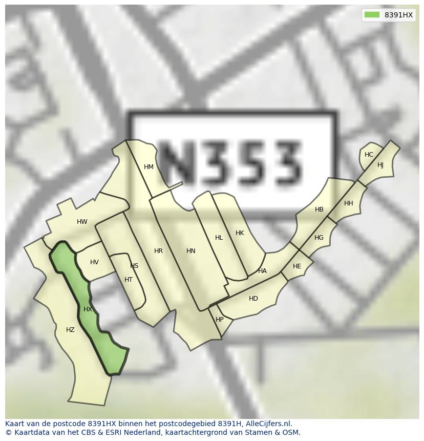 Afbeelding van het postcodegebied 8391 HX op de kaart.