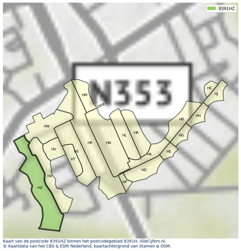 Afbeelding van het postcodegebied 8391 HZ op de kaart.