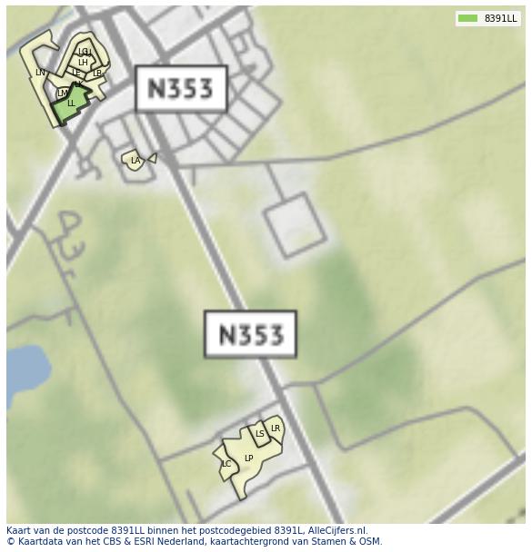 Afbeelding van het postcodegebied 8391 LL op de kaart.