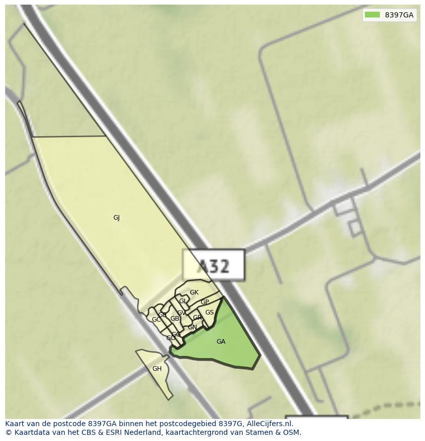 Afbeelding van het postcodegebied 8397 GA op de kaart.