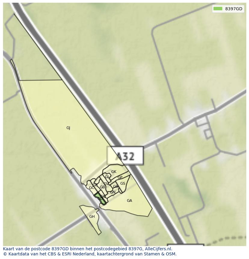Afbeelding van het postcodegebied 8397 GD op de kaart.